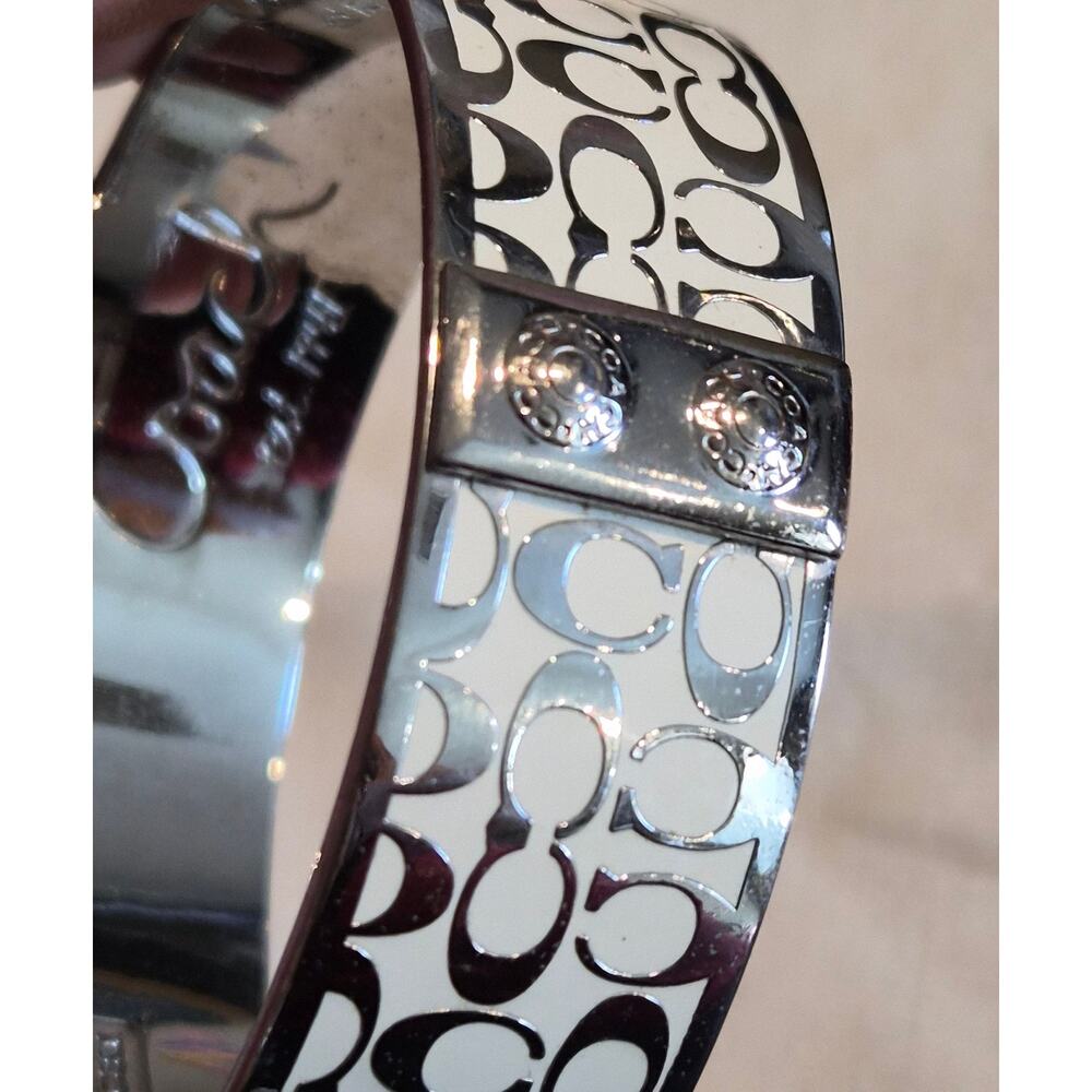 COACH Signature C White Enamel Silver Tone Wide Bangle Bracelet - Picture 6 of 7